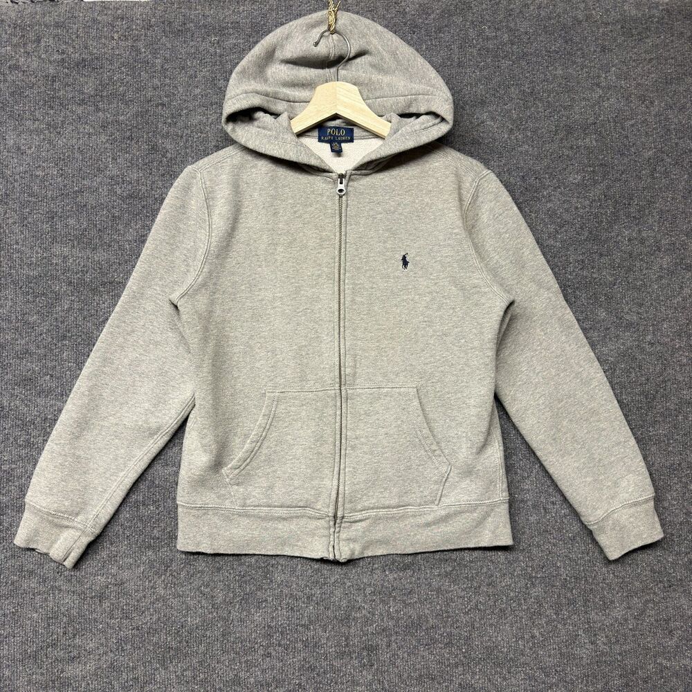 Polo Ralph Lauren Hoodie Boys L 14-16 Gray Full Zip Fleece Lined Logo Casual